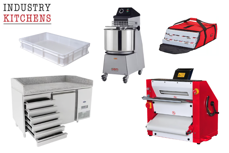 Collection of pizza accessories: pizza dough tray, spiral mixer, pizza delivery bag, pizza refrigeration, and pizza rollers