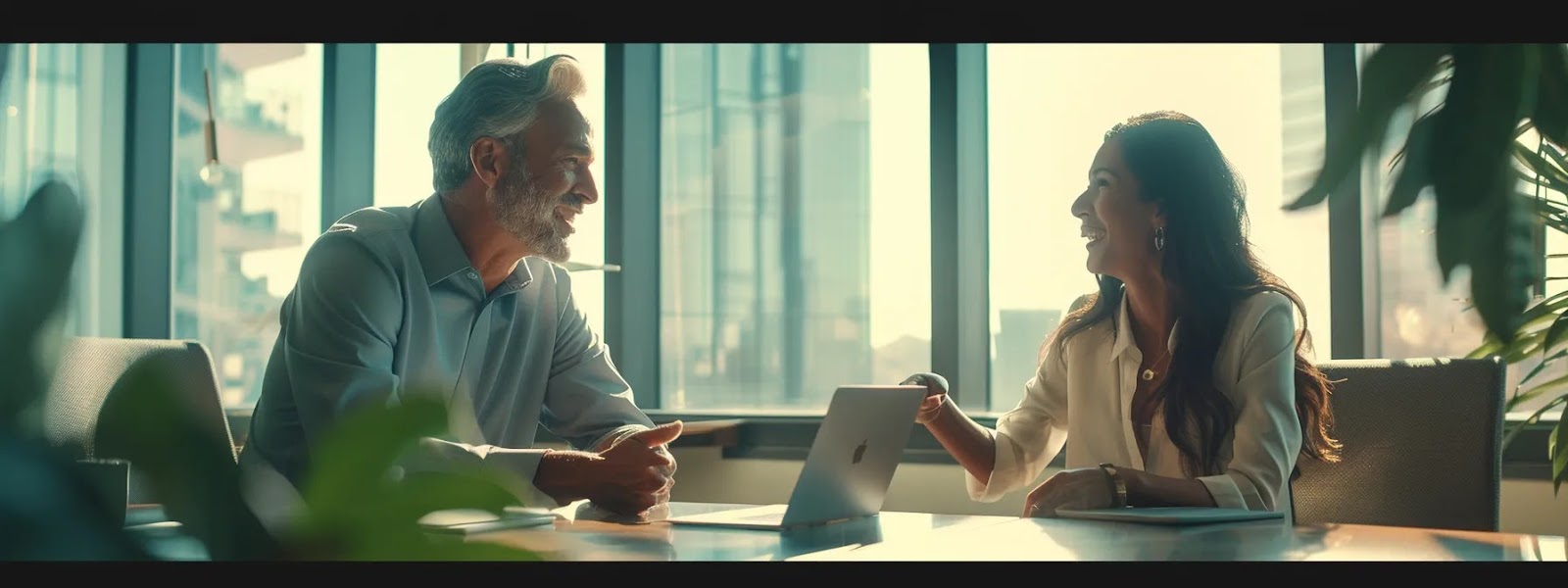 a real estate agent confidently discussing local market trends and sales history with a potential client in a bright, modern office setting.