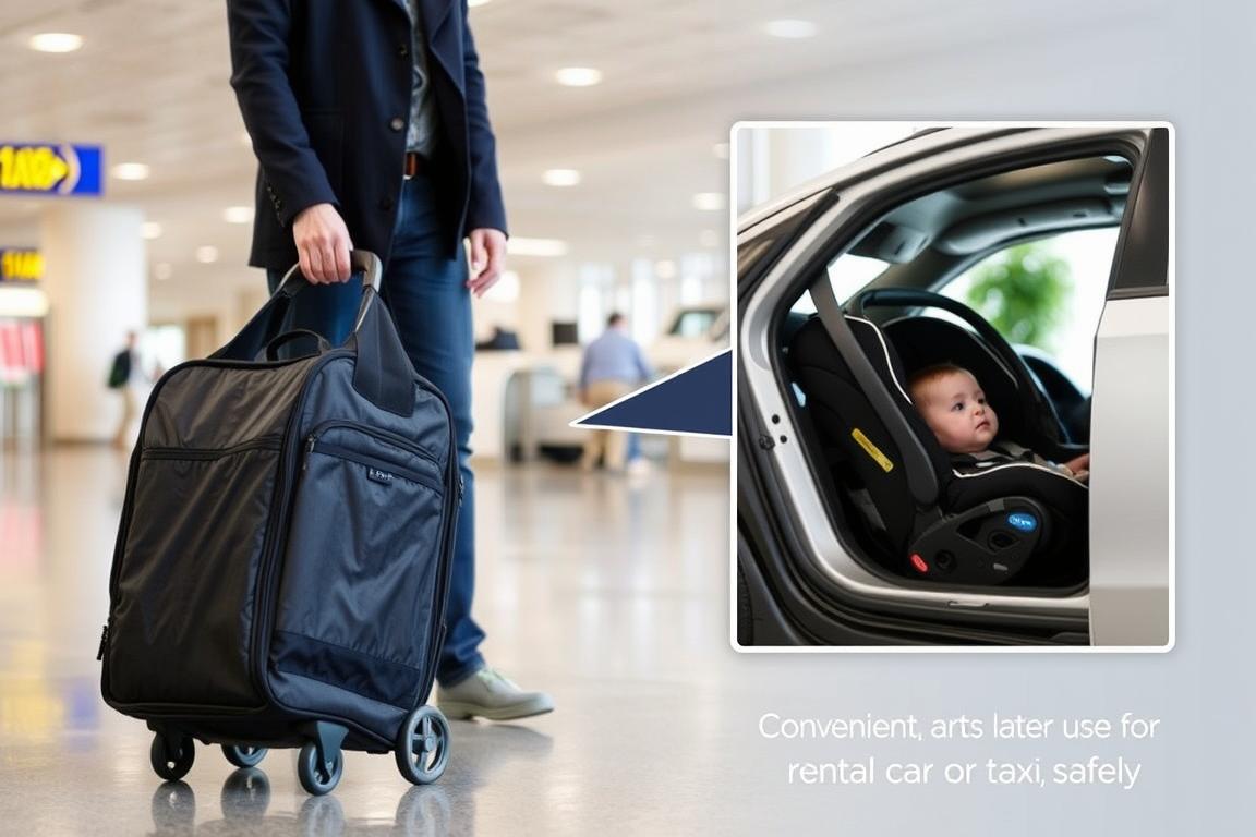 Parent using car seat travel bag at airport