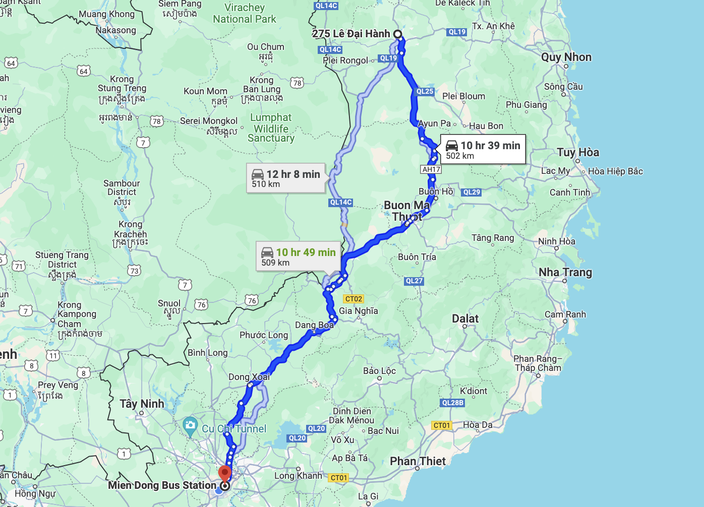 route of duc dat bus from sai gon to gia lai