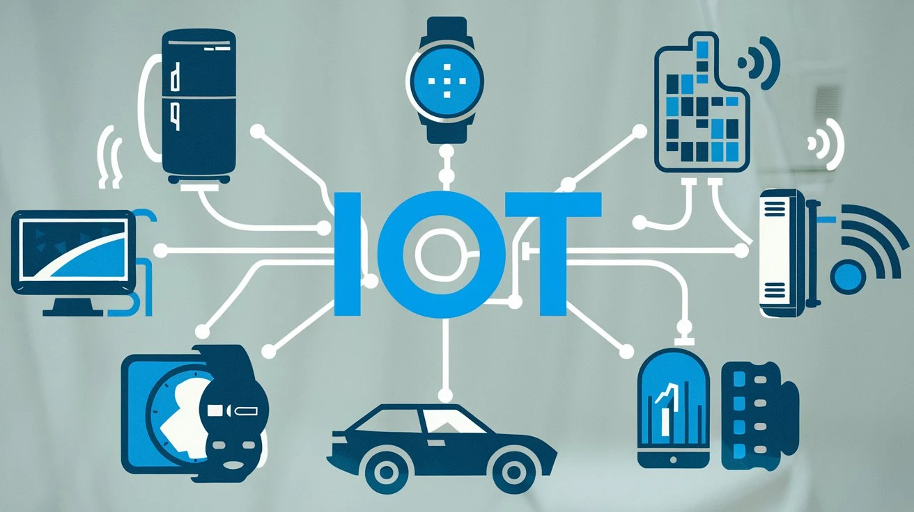 An infographic illustrating the Internet of Things (IoT) with icons of various connected devices.