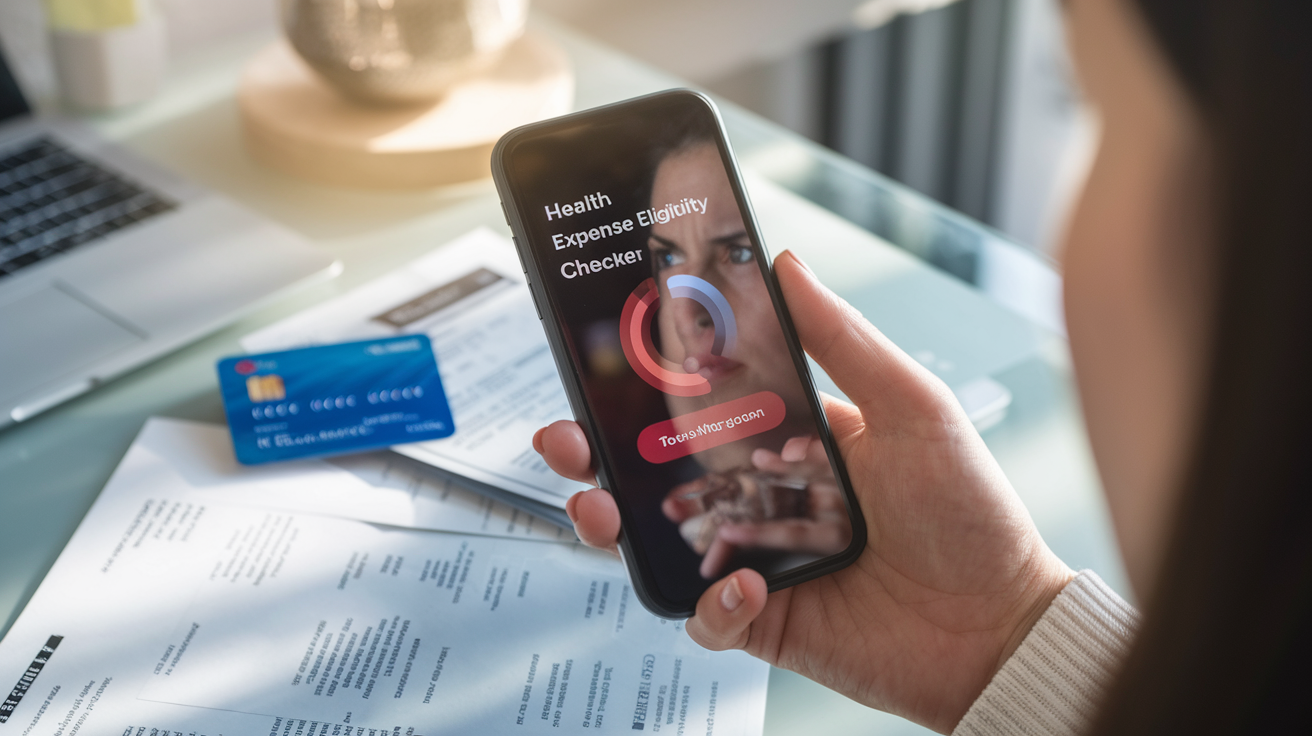 Create a realistic image of a white female's hand holding a smartphone displaying a health expense eligibility checker app, with a health allowance card and medical bills visible on a desk in the background, soft office lighting, and a concerned expression reflected in the phone screen.
