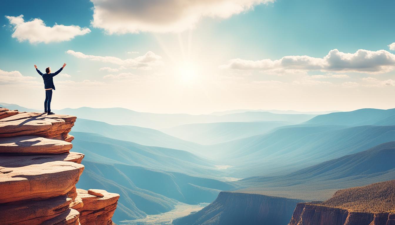 An image of a person standing on a cliff overlooking a vast, open landscape with their arms outstretched and their eyes closed. The person should have a peaceful expression on their face as if they are embracing the moment and trusting in the universe to guide them forward. The landscape should be filled with natural elements such as mountains, trees, and clouds, which represents the beauty and power of nature. The overall tone of the image should be serene and inspiring, invoking a sense of calm and confidence in the viewer's heart.