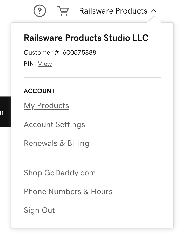 GoDaddy account dropdown