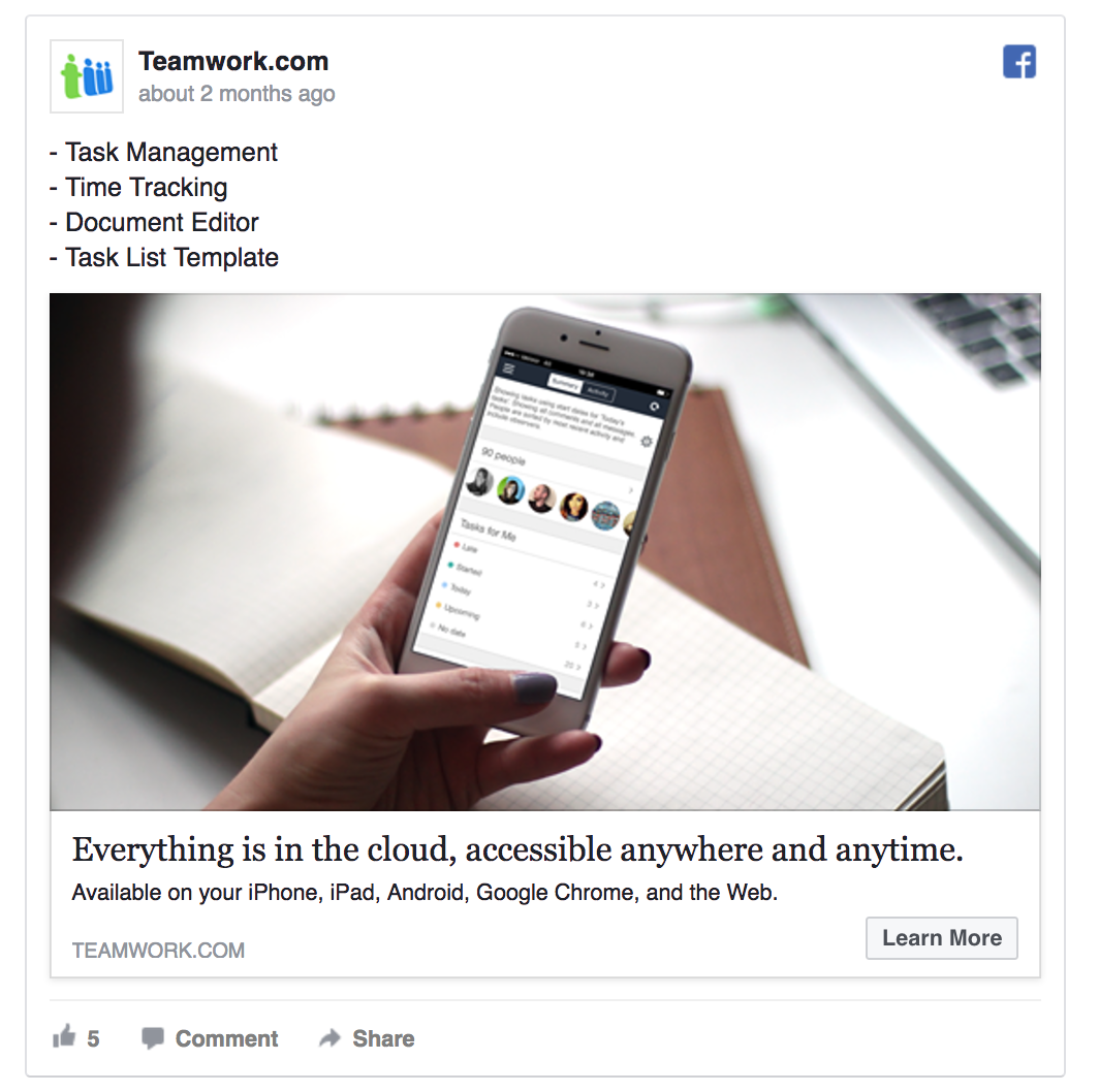 Teamwork.com listed product features in a Facebook ad.