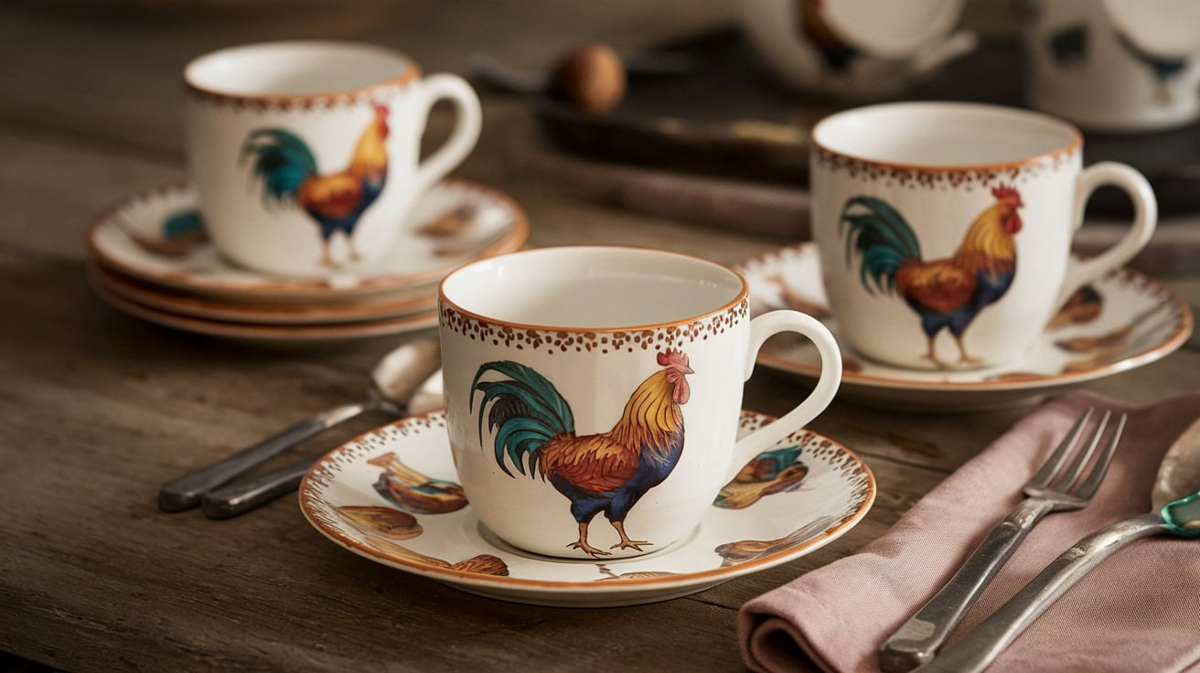 Mother Oats Rooster Cups and Saucers Sale