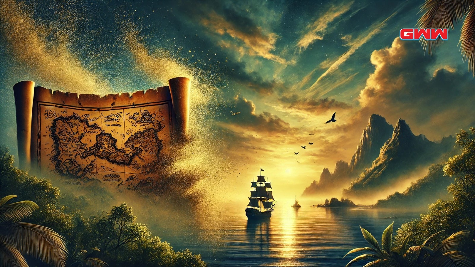 Ancient treasure map dissolves as ships sail towards glowing sunset horizon