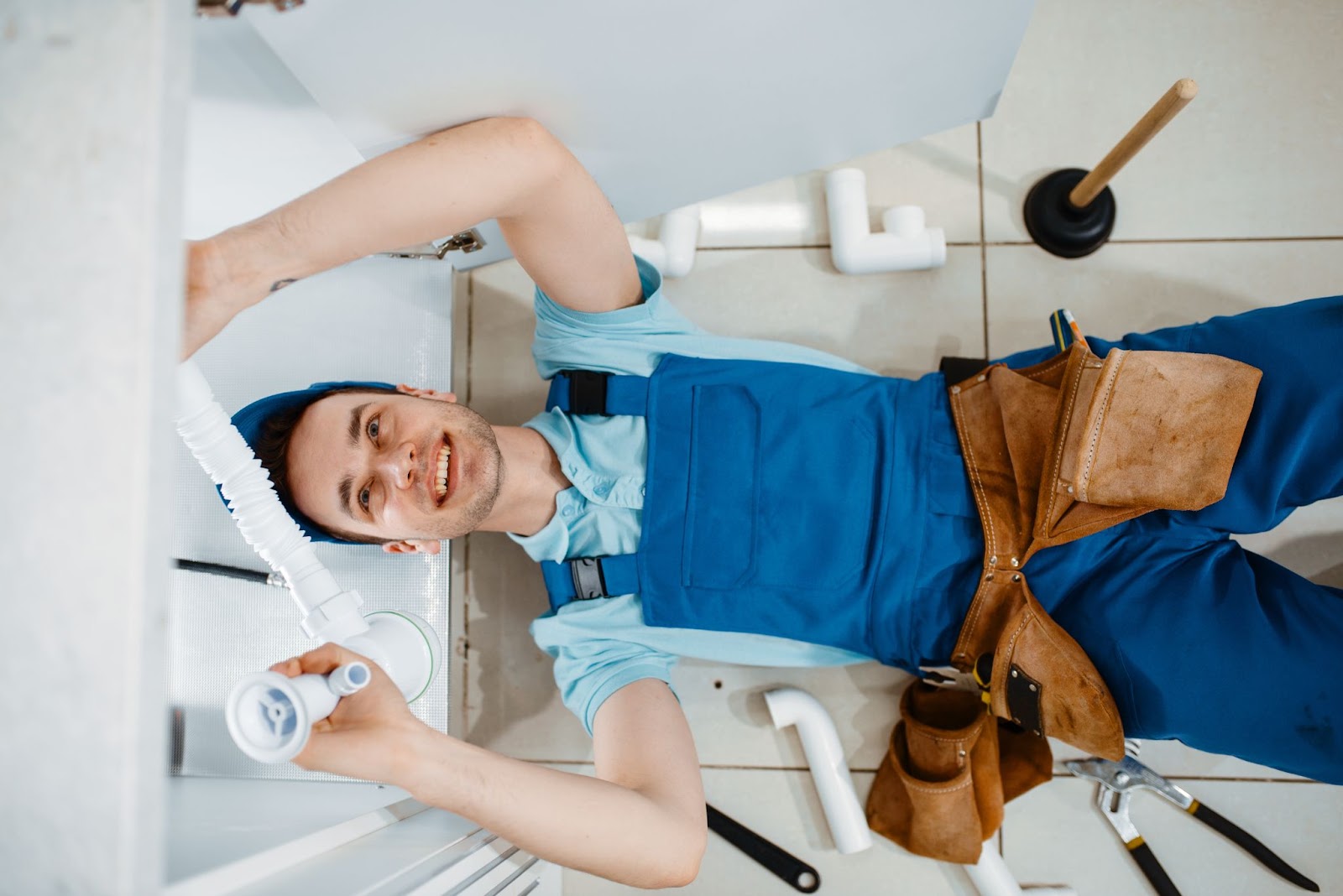 A top-view image of a plumber in uniform skillfully installing a drain pipe, showcasing a critical aspect of a plumber's expertise and responsibilities.