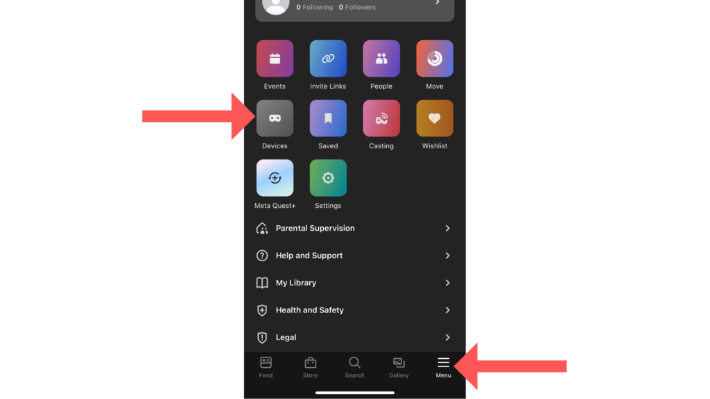Meta Quest app menu and devices option