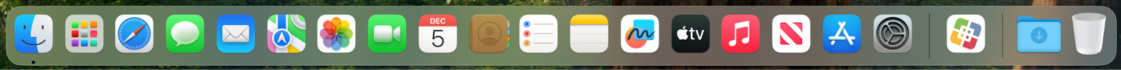 MacBook dock as seen when logging into the device for the first time. 