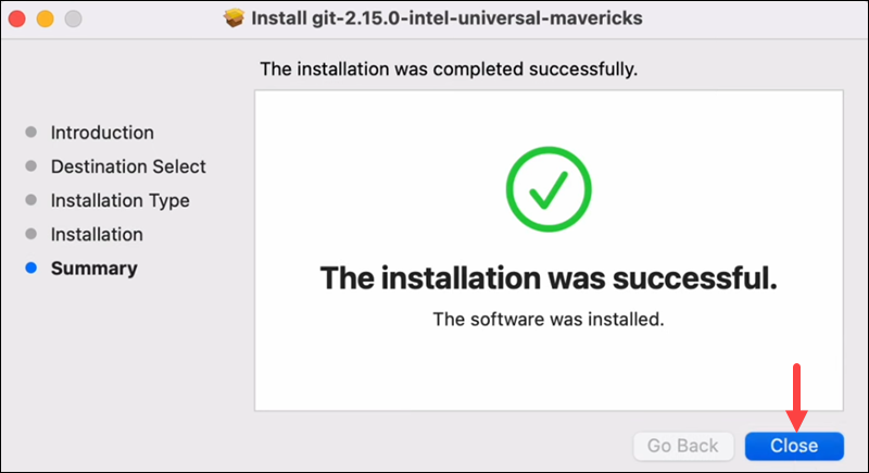 Completing the Git installation on macOS.