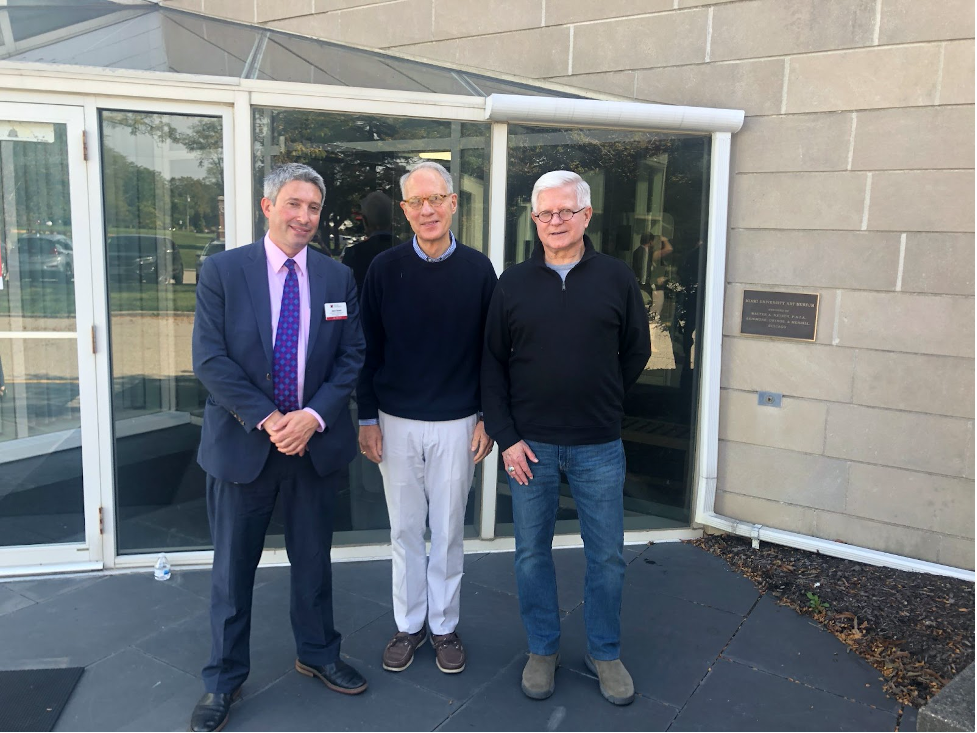 A group photo - Jeffrey Horrell '75 (center) and Rodney Rose (right) with Jack Green outside the Art Museum during a visit in the Fall of 2021. 