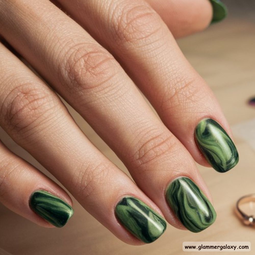 Short Fall Nail having Green Marble Effect
