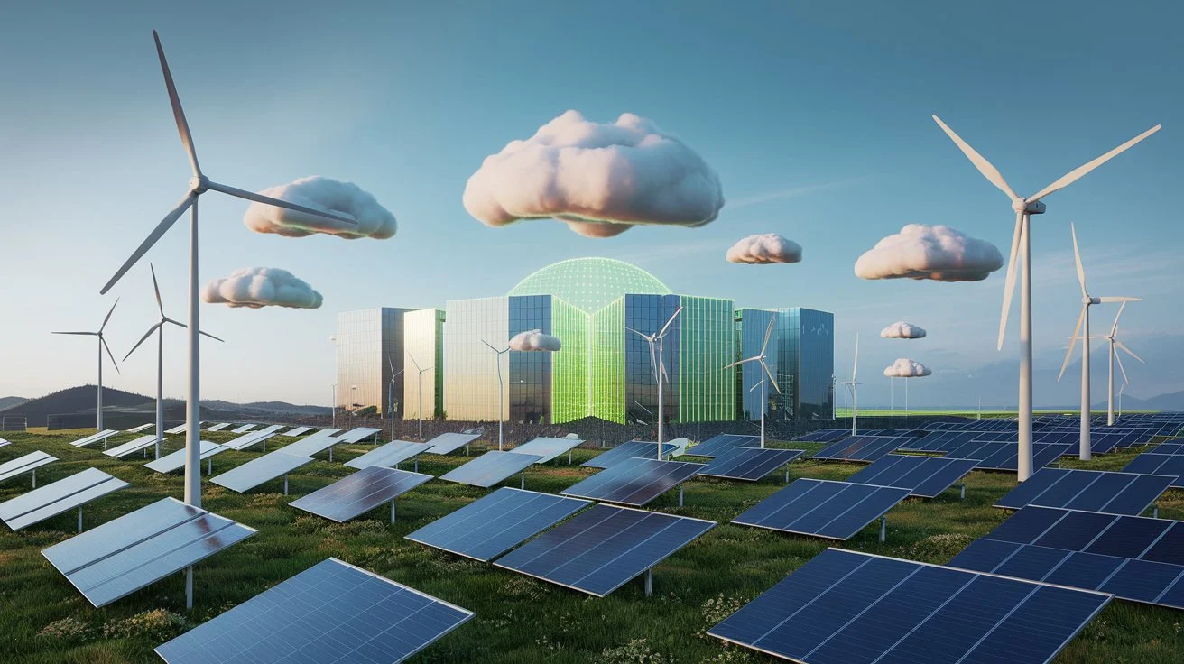 A digital landscape powered by renewable energy, symbolizing green cloud computing