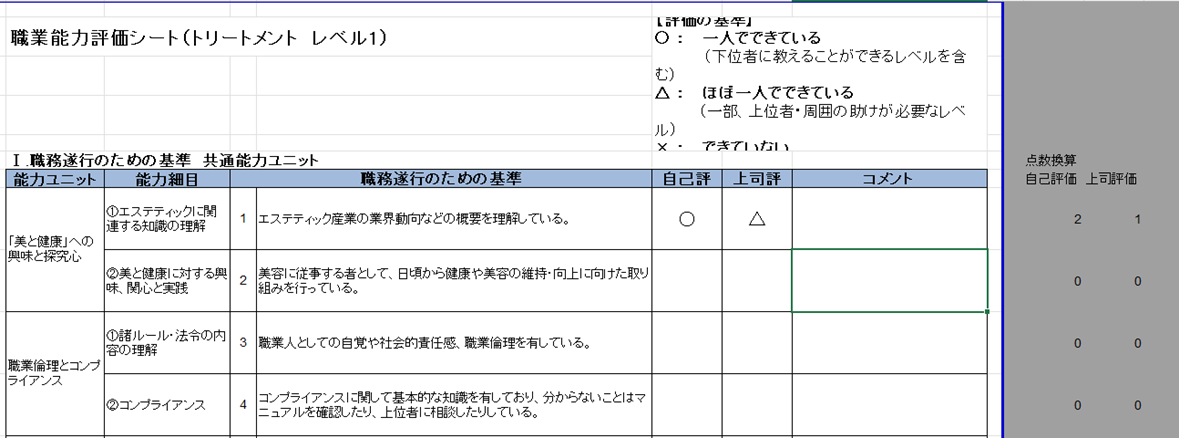 厚生労働省の職業能力評価シートに記載された3段階評価に関する画像