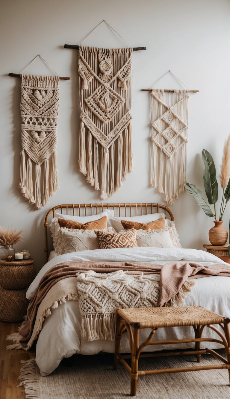 A cozy boho bedroom with layered textiles, macrame wall hangings, and a mix of vintage and modern furniture. A rattan headboard and earthy color palette complete the Anthropologie inspired decor