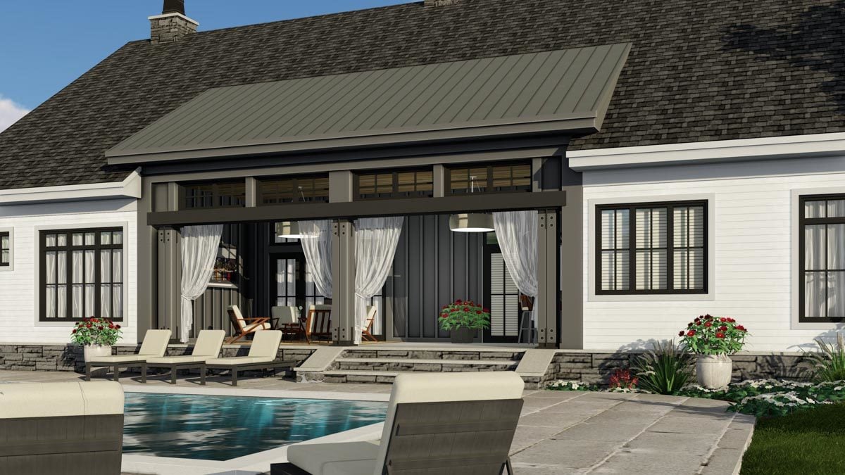 The covered porch transitions to an open patio filled with a pool and cushioned loungers.