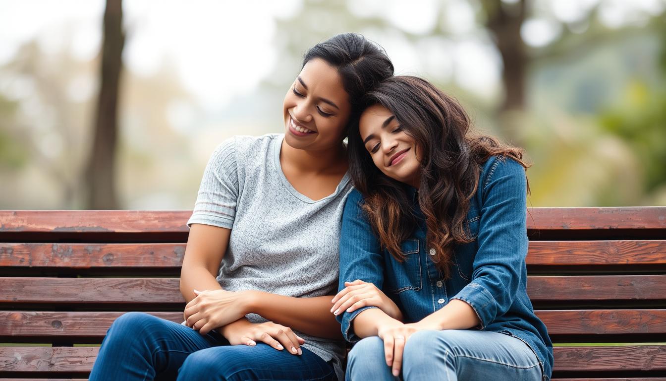 Capture the essence of self-compassion in a friendship by showing two friends sitting together on a bench, one with their arm around the other and a gentle smile on their face. The other friend leans into their embrace, eyes closed and a peaceful expression on their face. The background is blurred but shows a serene natural setting, symbolizing the tranquility and stability that comes from having a compassionate friend.