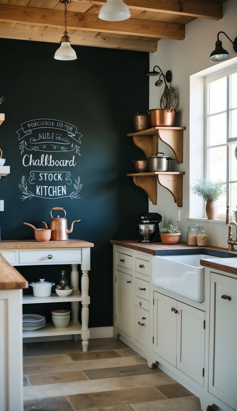 A chalkboard wall in a rustic farmhouse kitchen, surrounded by wooden shelves, hanging pots, and vintage decor