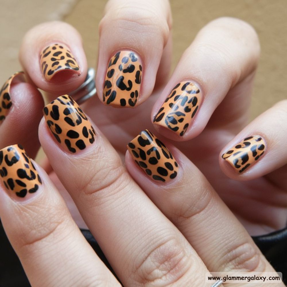 Black Fall Nails having Leopard Print Elegance
