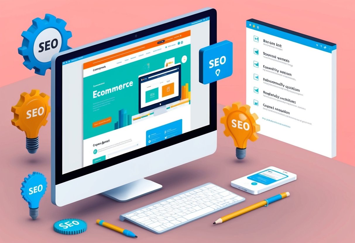 A computer screen with an ecommerce website open, surrounded by SEO tools and a list of frequently asked questions