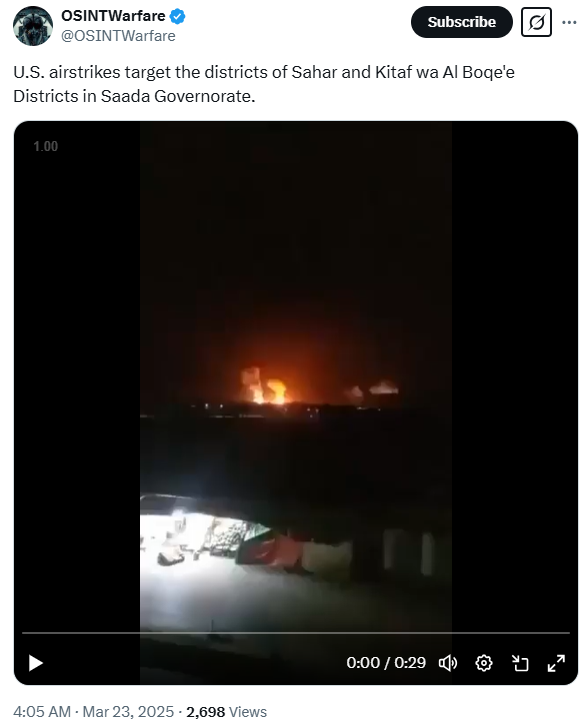 U.S. airstrikes hitting the Sahar and Kitaf wa Al Boqe'e districts in Saada Governorate