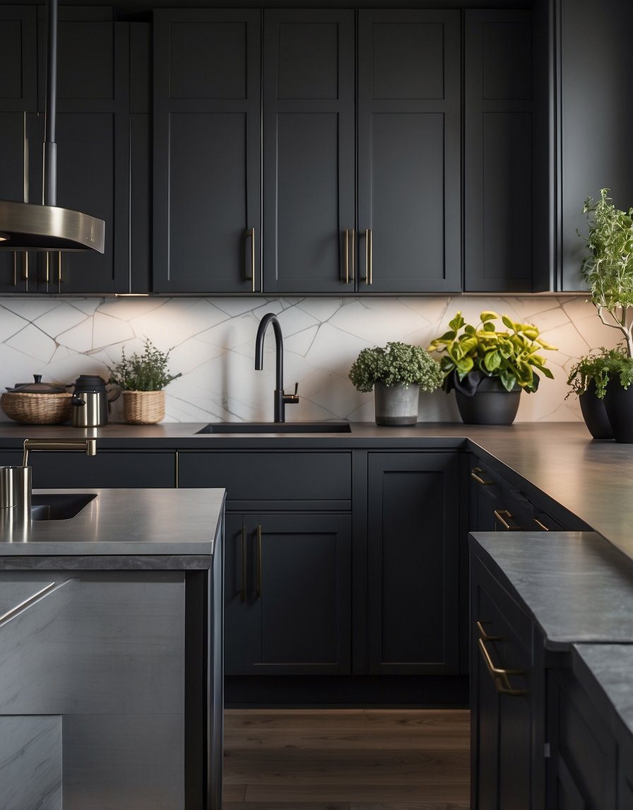 A modern kitchen with Pewter Flaunt 32 Dark Gray cabinets, sleek and stylish, with clean lines and a minimalist design