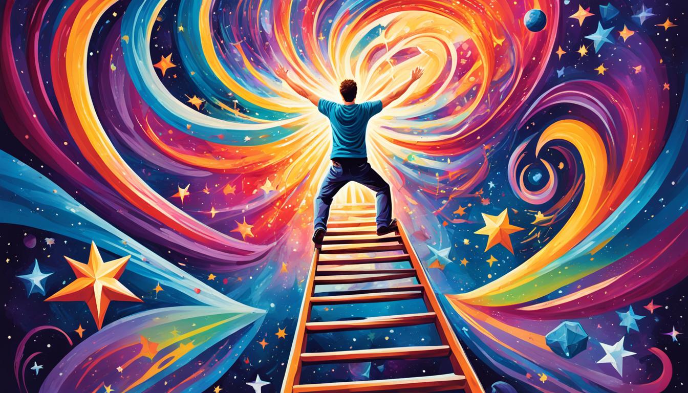 A swirling galaxy of vibrant colors and energy, with a bright star at its center representing your deepest desire. A ladder leading up to the star, with each rung representing a step in the manifestation process. A figure standing at the base of the ladder, arms raised in joyful anticipation and readiness to climb towards their dreams. Surrounding the figure are symbols and images representing the nine steps to manifest anything one desires.