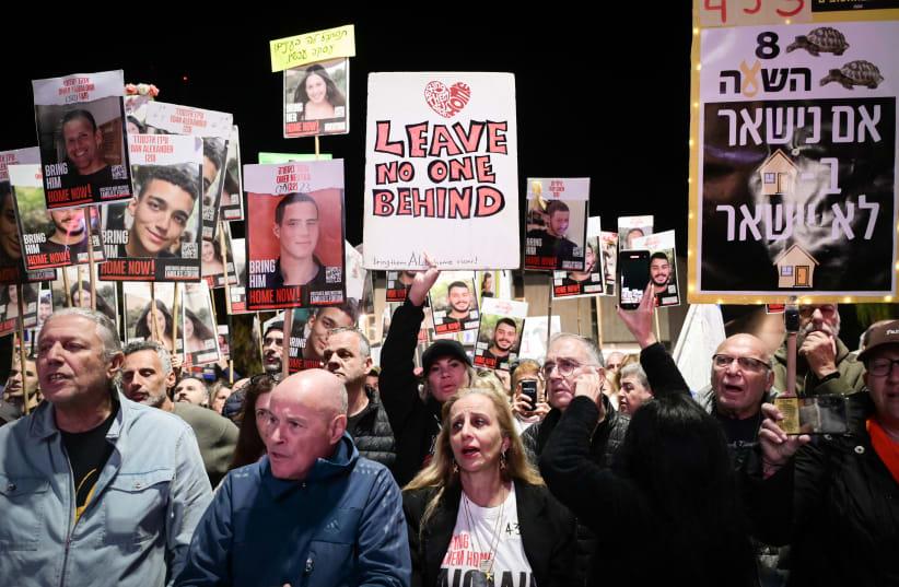  A rally calling for the release of the Israeli hostages held captive by Hamas in Gaza, at the Hostage Square in Tel Aviv, December 14, 2024 (photo credit: AVSHALOM SASSONI/FLASH90)