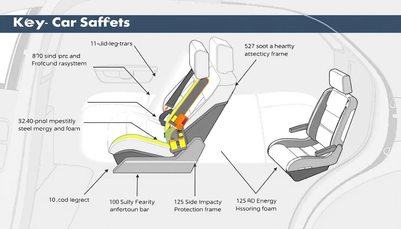 Diagram showing various car seat safety features including load leg, anti-rebound bar, and side impact protection
