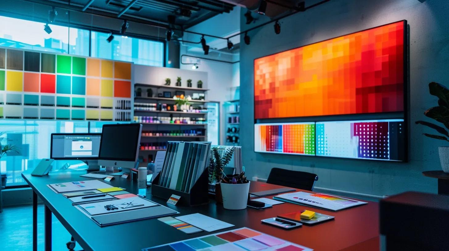 a sleek, modern office environment showcases a vibrant branding board filled with colour swatches and design mock-ups, contrasted with a digital marketing strategy presented on a large screen, symbolizing the dynamic relationship between branding and marketing in business.