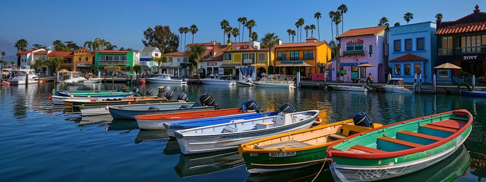 a colorful array of duffy and pontoon boats docked at newport beach harbor, with vibrant waterfront shops and galleries in the background, creating a lively and picturesque coastal scene.