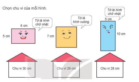 BÀI 50. CHU VI HÌNH TAM GIÁC, HÌNH TỨ GIÁC, HÌNH CHỮ NHẬT, HÌNH VUÔNGHoạt động 1Bài 1: Tính chu vi hình tam giác có độ dài các cạnh là:a) 7 cm, 10 cm và 14 cm.b) 20 dm, 30 dm và 40 dm. c) 15 dm, 20 dm và 15 dm. Đáp án chuẩn:b, 90 dm.c) 50 dm.Bài 2: Tính chu vi hình tứ giác có độ dài các cạnh là:a) 3 dm, 4 dm, 5 dm và 6 dm.b) 10 cm, 15 cm, 10 cm và 15 cm.Đáp án chuẩn:a) 18 dmb) 50 cm.Bài 3: Rô-bốt dùng đèn nháy để trang trí thuyền như hình vẽ. Hỏi chiều dài đoạn dây đèn nhảy là bao nhiêu xăng-ti-mét?Đáp án chuẩn:Chiều dài đoạn dây đèn nháy là 150 cmHoạt động 2Bài 1: Số?Đáp án chuẩn:Bài 2: Tính chu vi hình chữ nhật có:a) Chiều dài 6 cm, chiều rộng 4 cm.b) Chiều dài 8 m, chiều rộng 2 m.c) Chiều dài 15 dm, chiều rộng 10 dm.Đáp án chuẩn:b) Chu vi hình chữ nhật là 20 mc) Chu vi hình chữ nhật là 50 dmBài 3: Đố em biết, Nam cần dùng bao nhiêu que tính để xếp thành một hình vuông có cạnh gồm 3 que tính như hình vẽ trên?Đáp án chuẩn:Để xếp thành hình vuông có cạnh gồm 3 que tính, Nam cần 12 que tính.Luyện tập