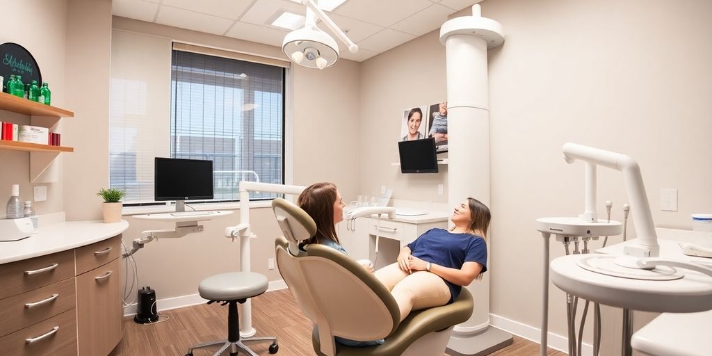 Bright dental office with modern equipment and friendly staff.