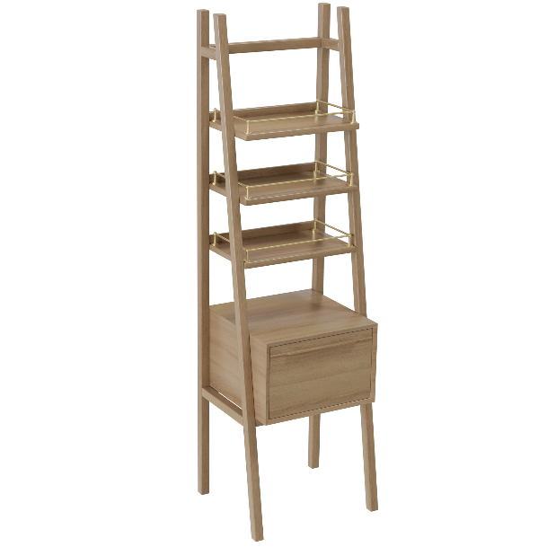 A wooden shelf with a drawer

Description automatically generated