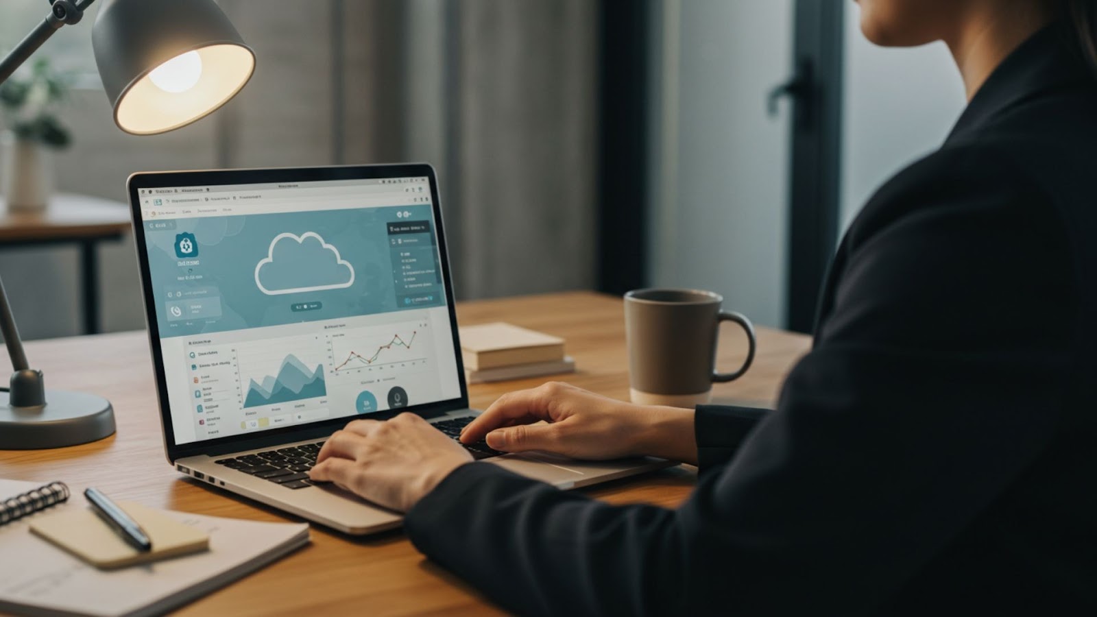 Business professional using a cloud PBX dashboard on a laptop to manage automation features like billing and provisioning in a modern office setting.