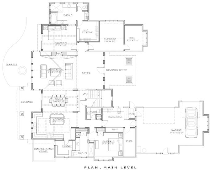 Main level floor plan of a 5-bedroom two-story country home with front and rear porches, foyer, great room, dining area, kitchen, two bedrooms, and laundry room leading to the garage.