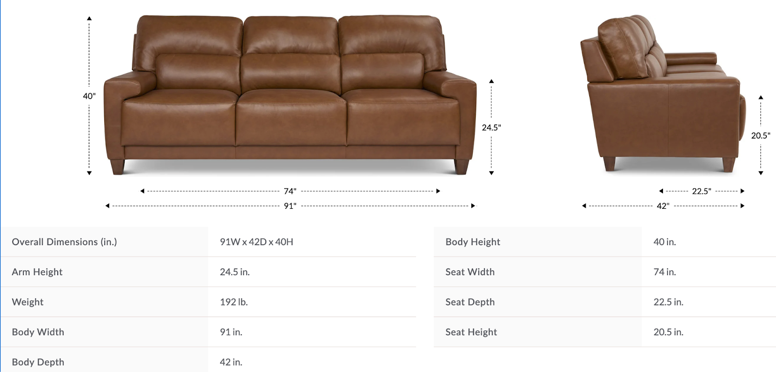 draper sofa dimensions