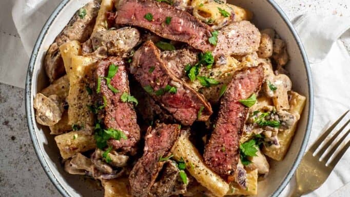 Creamy Steak Pasta in a bowl.