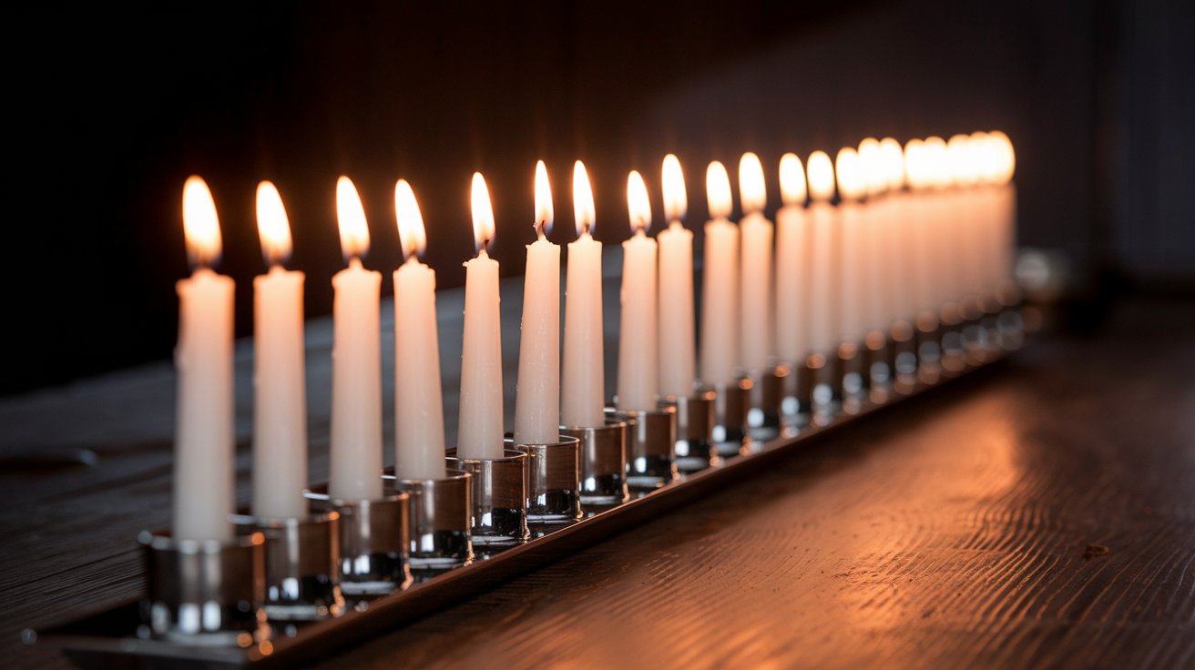 Slim taper candles in vintage candle holders lining a wedding dinner table, casting a warm, elegant glow that enhances the traditional charm of the ceremony night.

