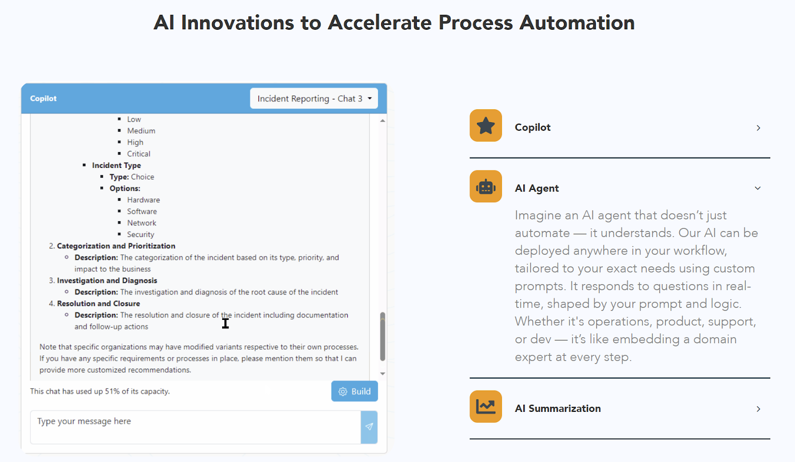 Image Shown: Copilot in action. An illustration explaining the key features of FlowForma Agentic AI