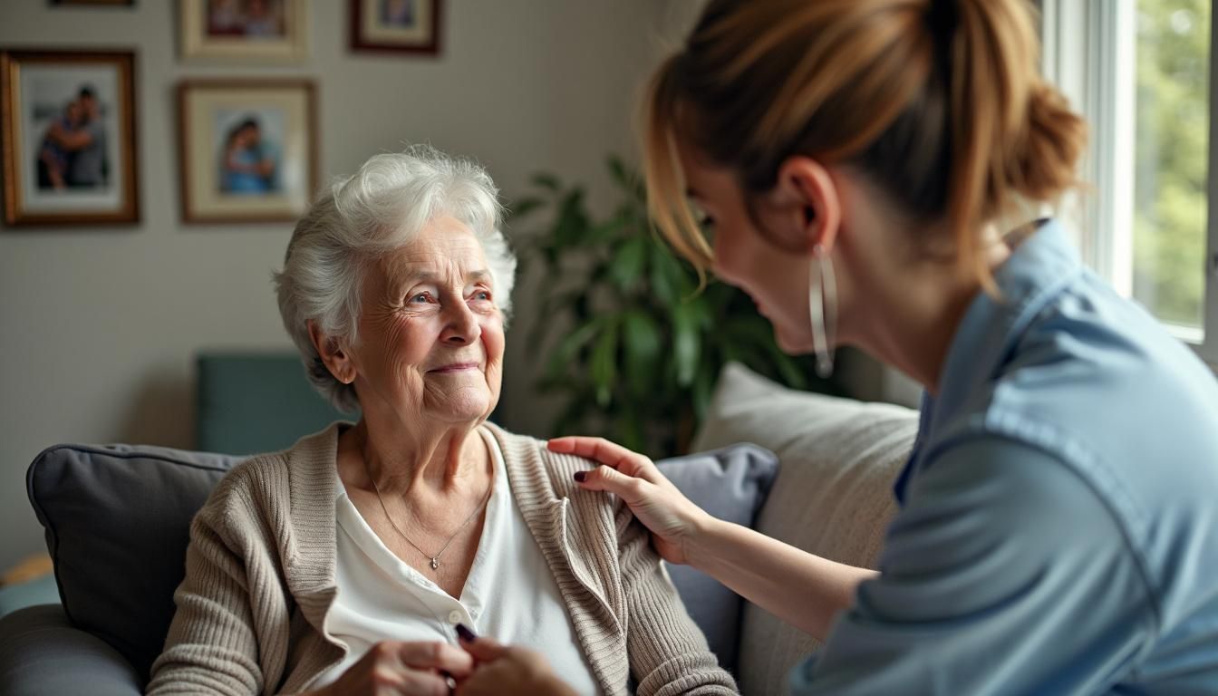 An elderly woman receives care from a home health aide in a cozy living room.