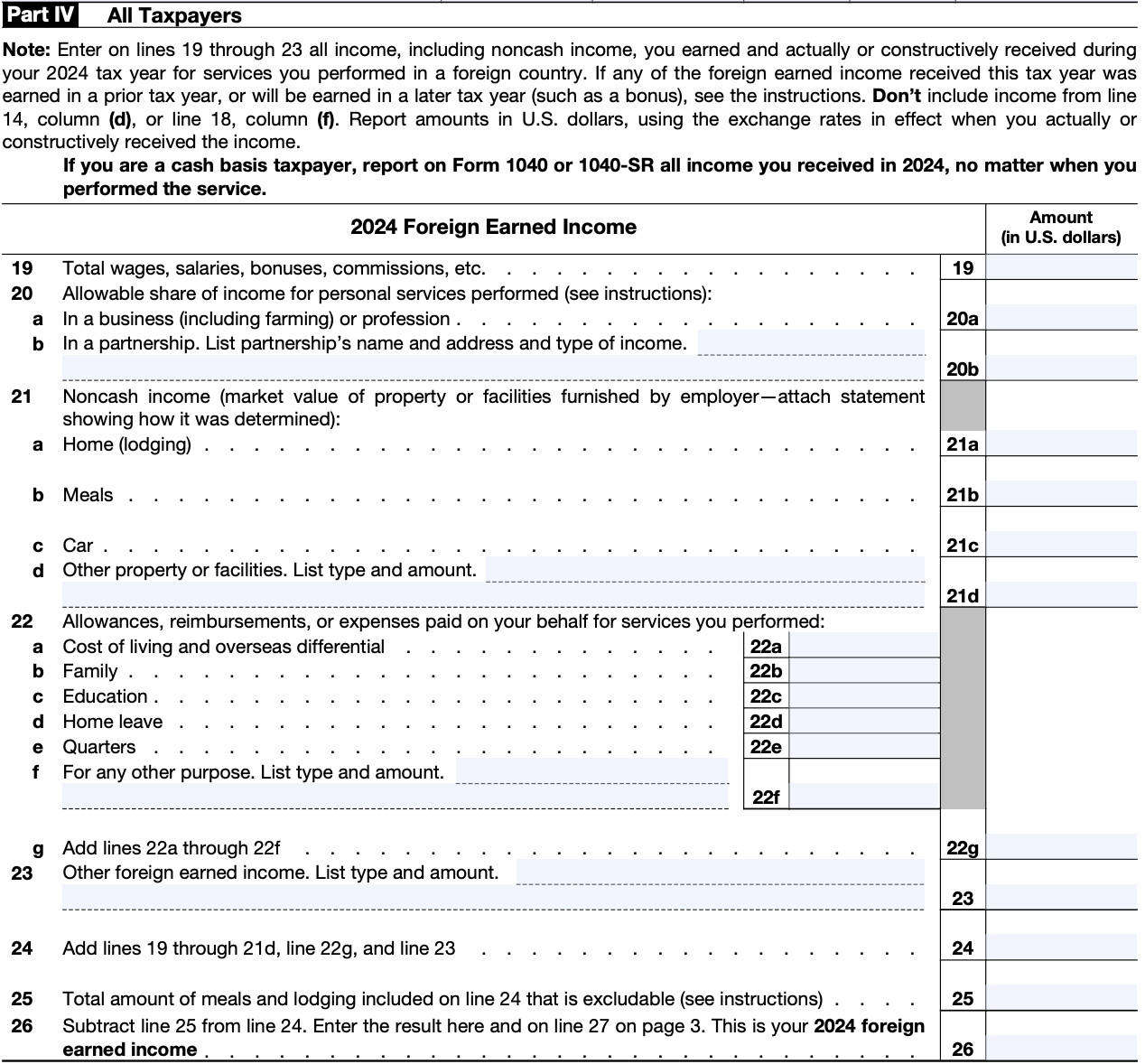 A screenshot of Part IV: All Taxpayers on Form 2555.