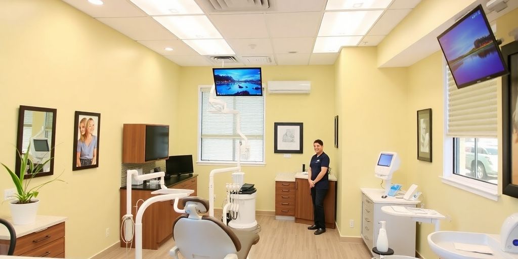 Dental office interior with friendly staff and modern equipment.