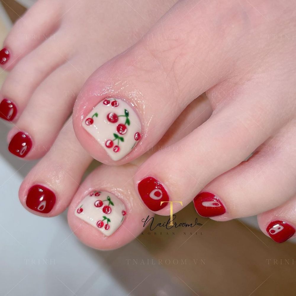 Close up of foot with radiant toe nail having Red Cherry Nails