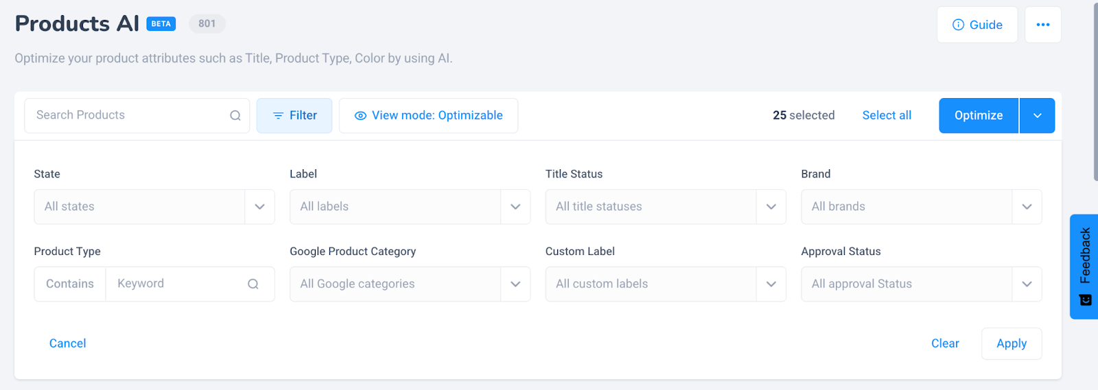 Products AI interface filter options