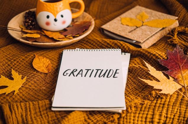 A notebook with a cup of gratitude on a blanket

Description automatically generated