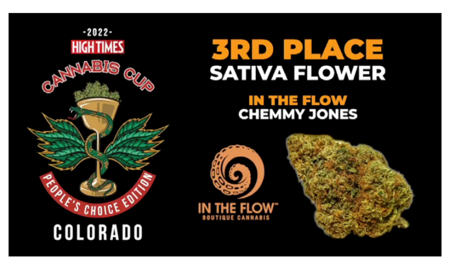 A trophy with a snake with marijuana leaves for wings. The trophy is filled with cannabis flower. The graphic is awarding 3rd place sativa flower to In The Flow for Chemmy Jones. The cannabis cup by High Times in Colorado.