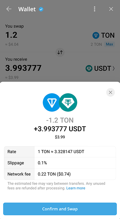 Telegram TON wallet swapping confirmation
