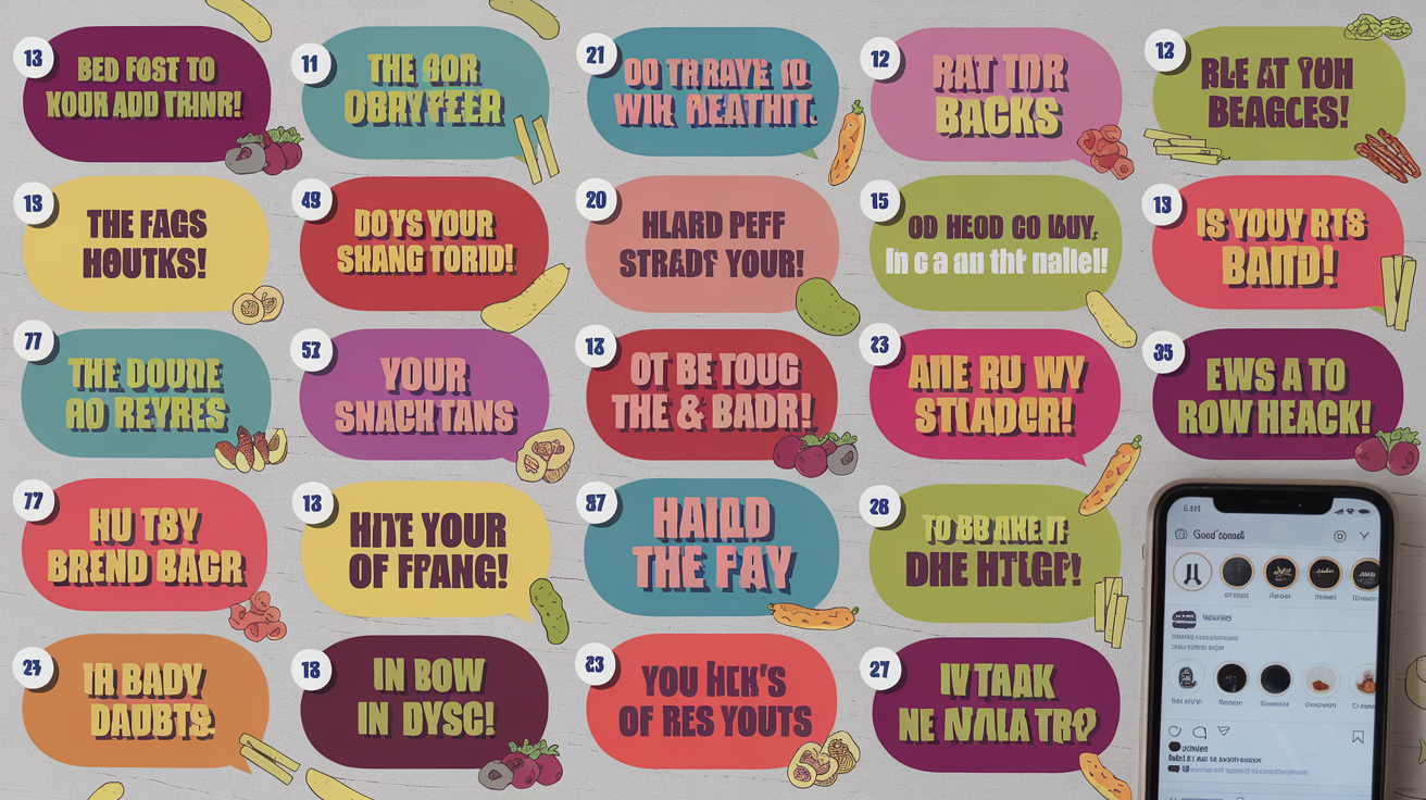 Create a realistic image of a vibrant, colorful collage featuring 20 numbered speech bubbles or thought clouds against a white background, each containing a catchy snack-related slogan in bold, varied fonts. Include illustrations of healthy snacks like fruits, nuts, and vegetable sticks scattered around the bubbles, with a smartphone displaying a social media feed in the corner to suggest viral content.